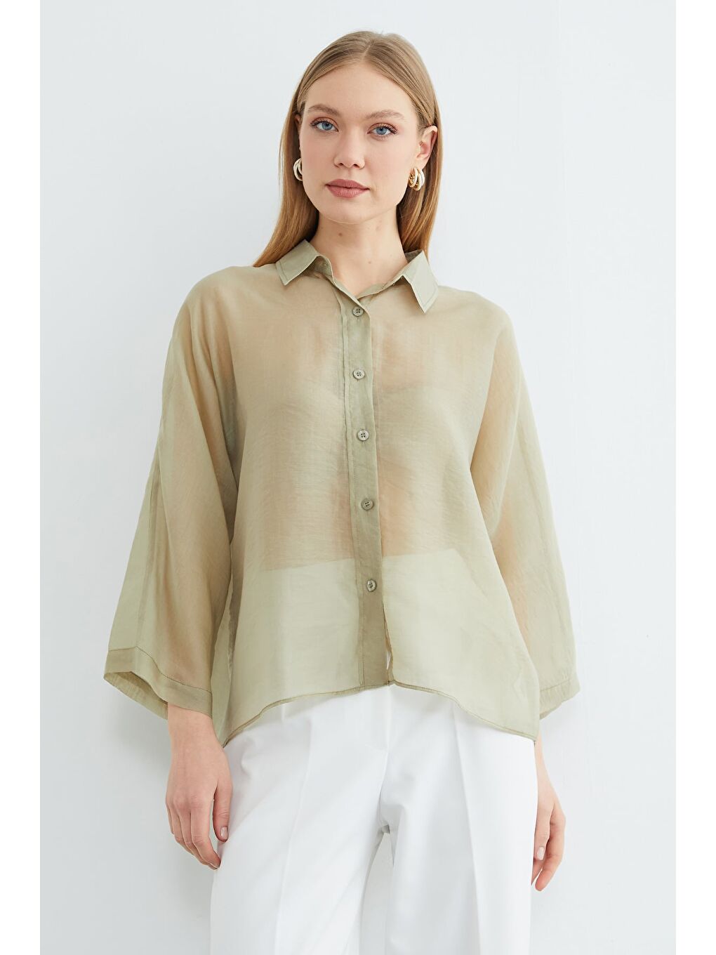 Yeşil Jakarlı Kapri Kol Transparan Gömlek-4