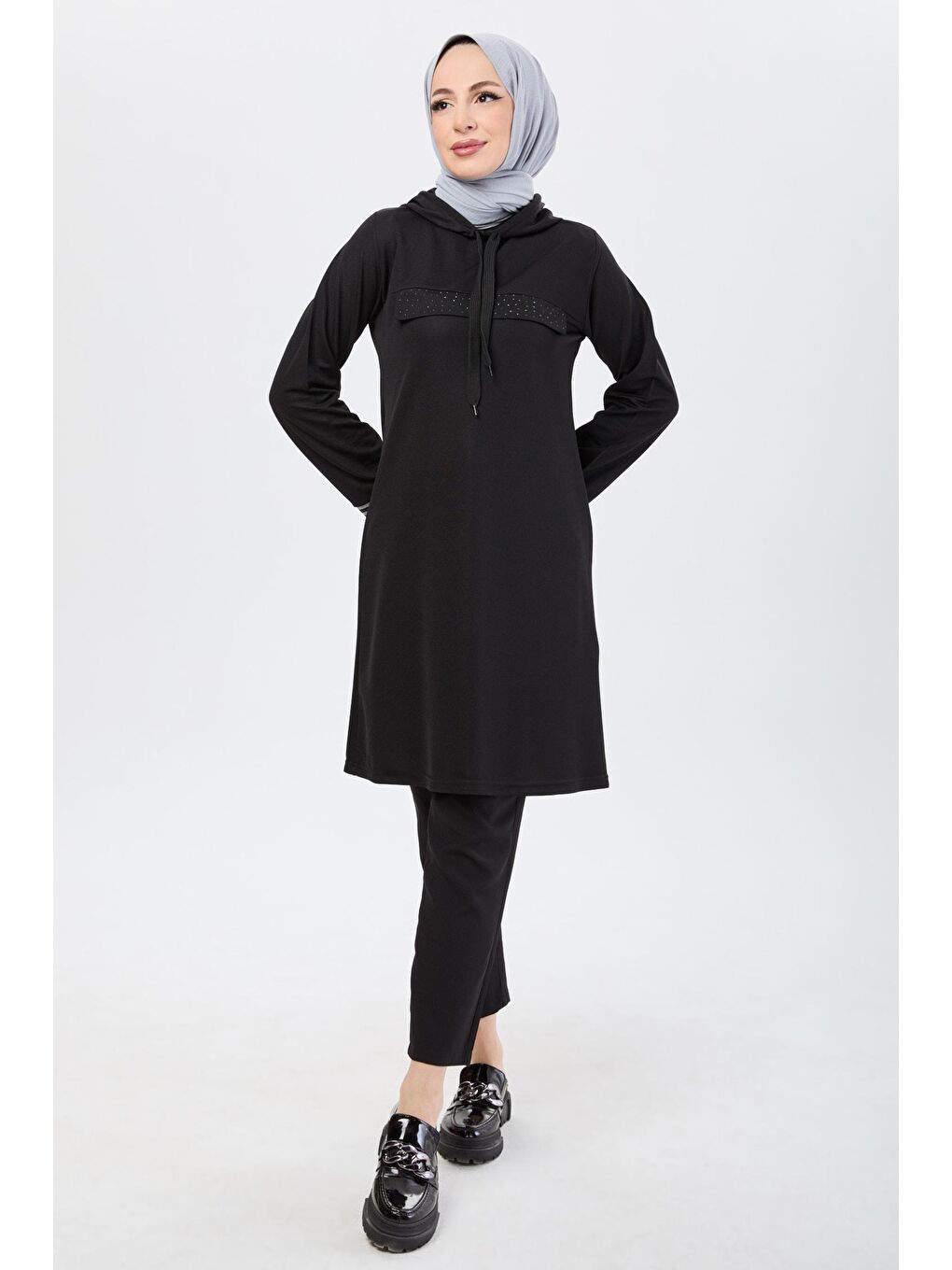 Kapüşonlu Yaka Kadın Siyah Tunik - 13102-1