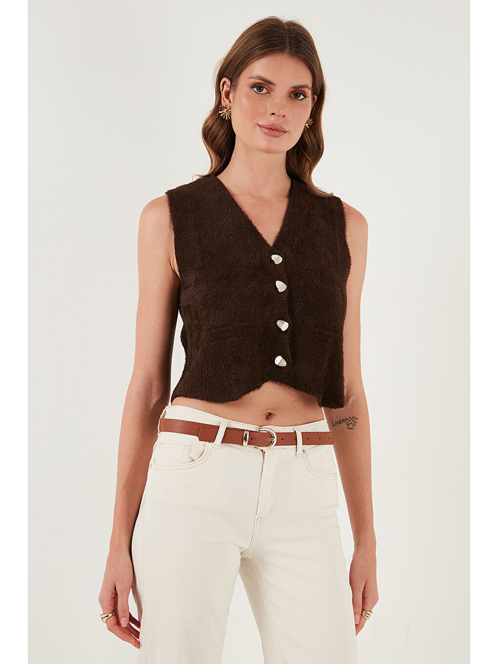 Kahverengi Regular Fit V Yaka Yumuşak Dokulu Düğmeli Yelek 4615241-5