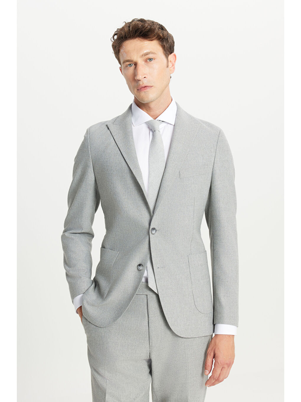 Erkek Gri Yünlü Slim Fit Dar Kesim Kırlangıç Yaka Esnek Bel Takım Elbise-3