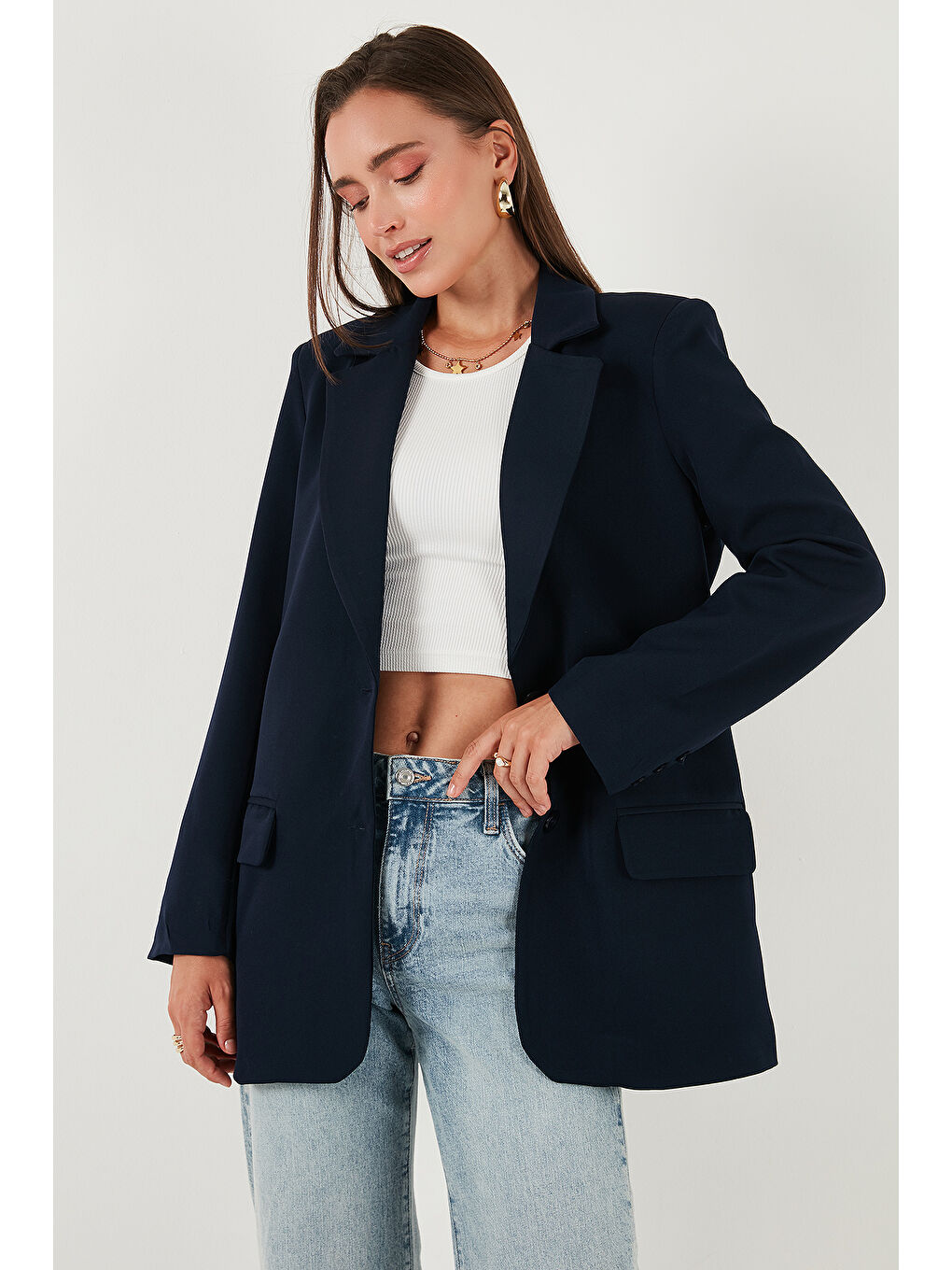 Lacivert Relaxed Fit Mono Yaka Cepli Blazer Ceket 611BC00132-3
