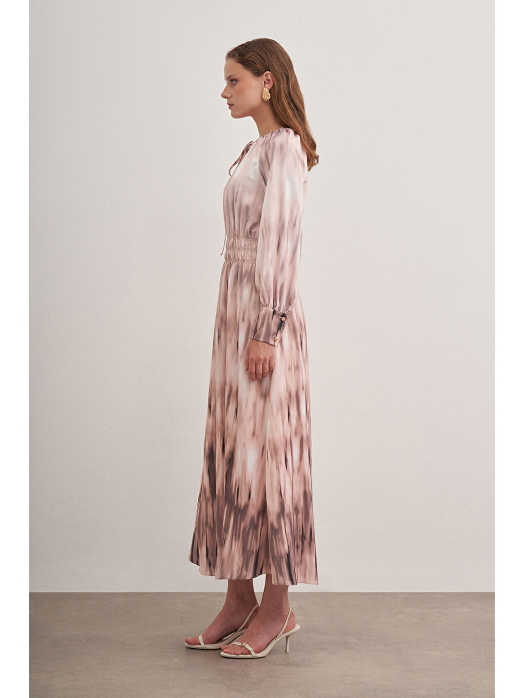 Pembe Pudra 4236111 Desenli Şifon Saten Elbise-1