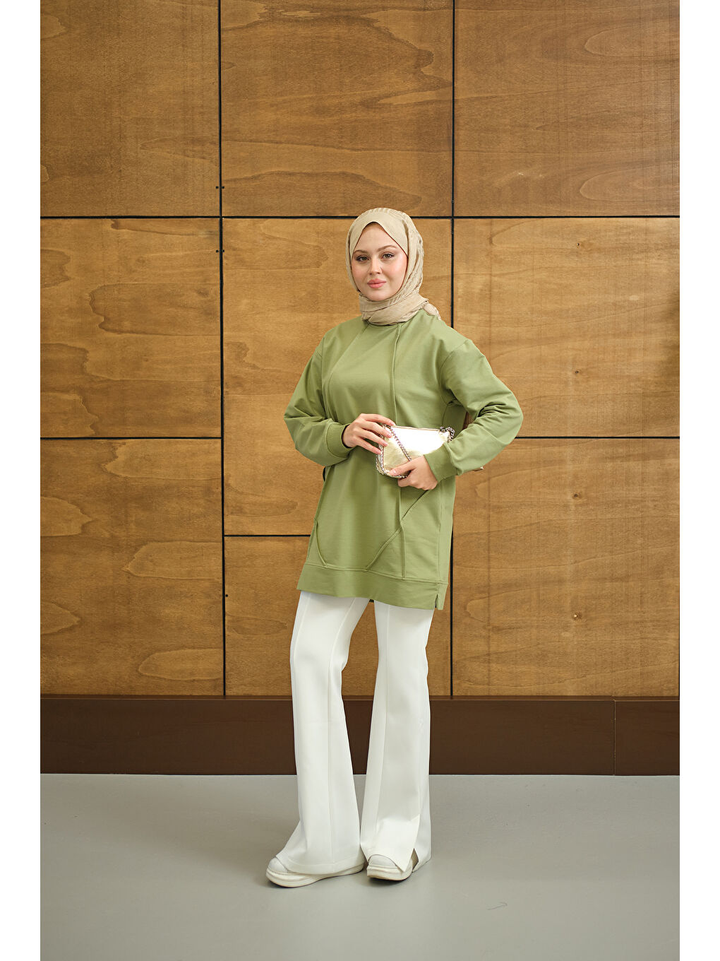 Kadın Önü Dikiş Detay Tunik Yeşil-1