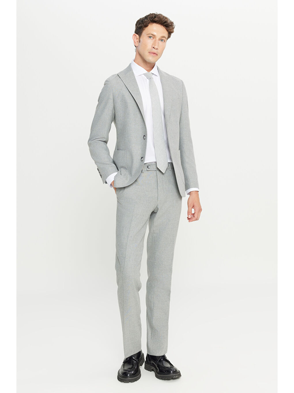 Erkek Gri Yünlü Slim Fit Dar Kesim Kırlangıç Yaka Esnek Bel Takım Elbise-5