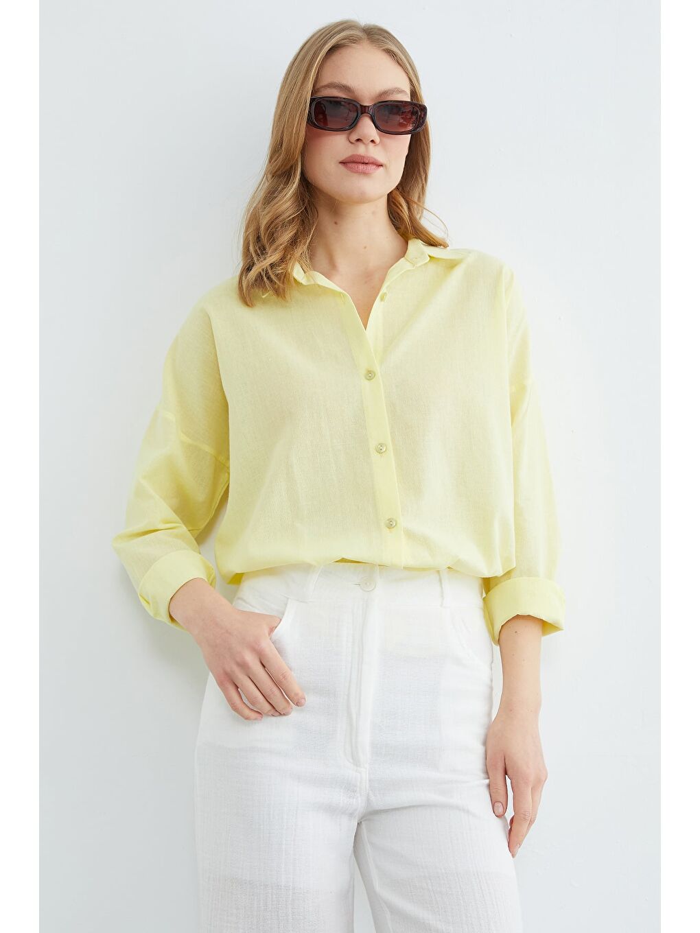 Sarı Basic Keten Görünümlü Oversize Gömlek