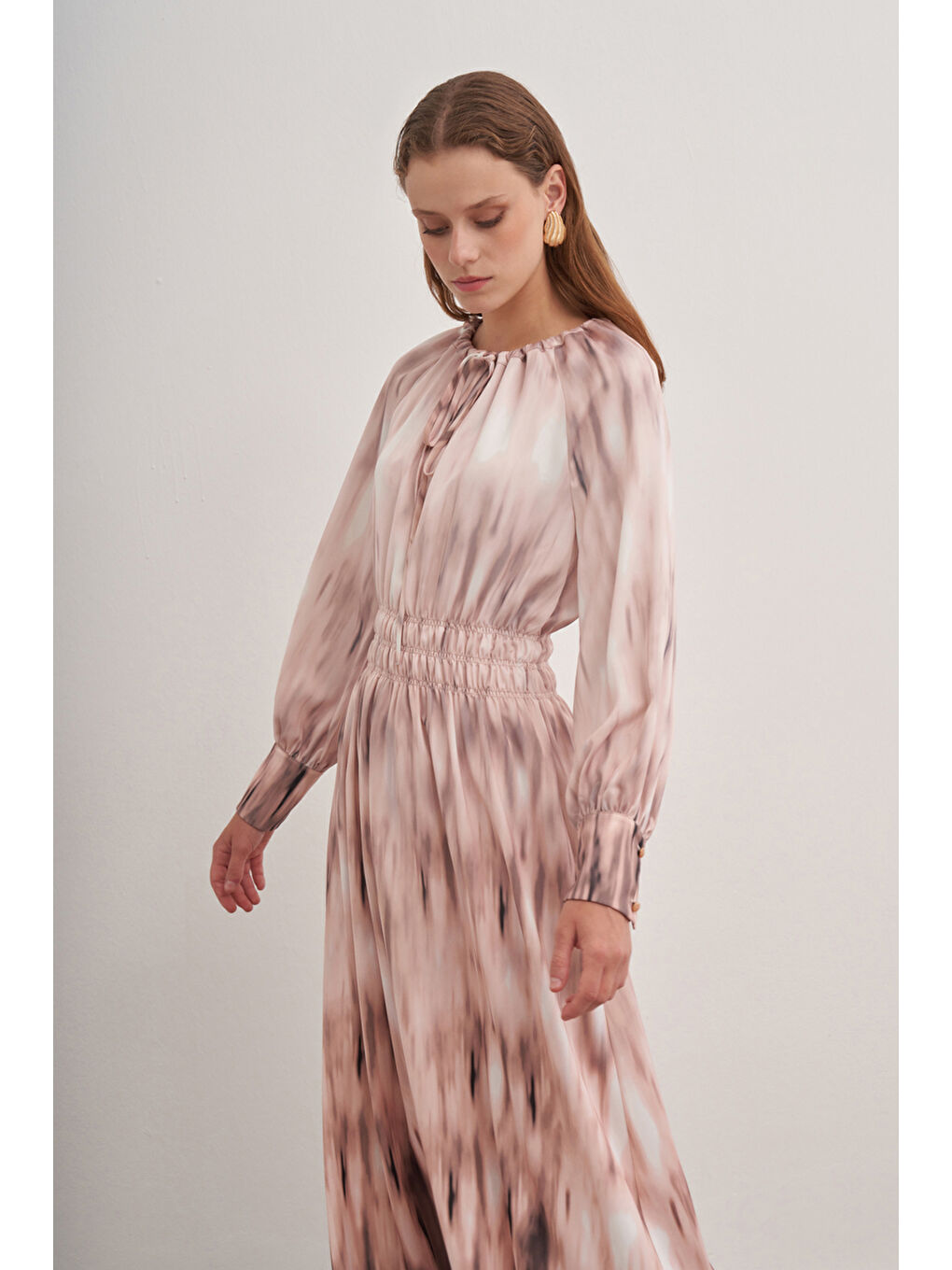 Pembe Pudra 4236111 Desenli Şifon Saten Elbise-2
