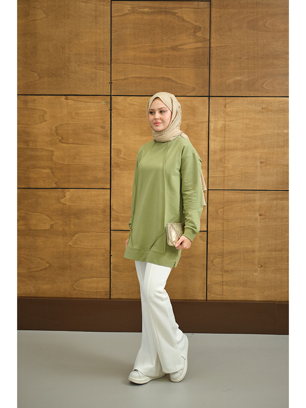 Kadın Önü Dikiş Detay Tunik Yeşil-2