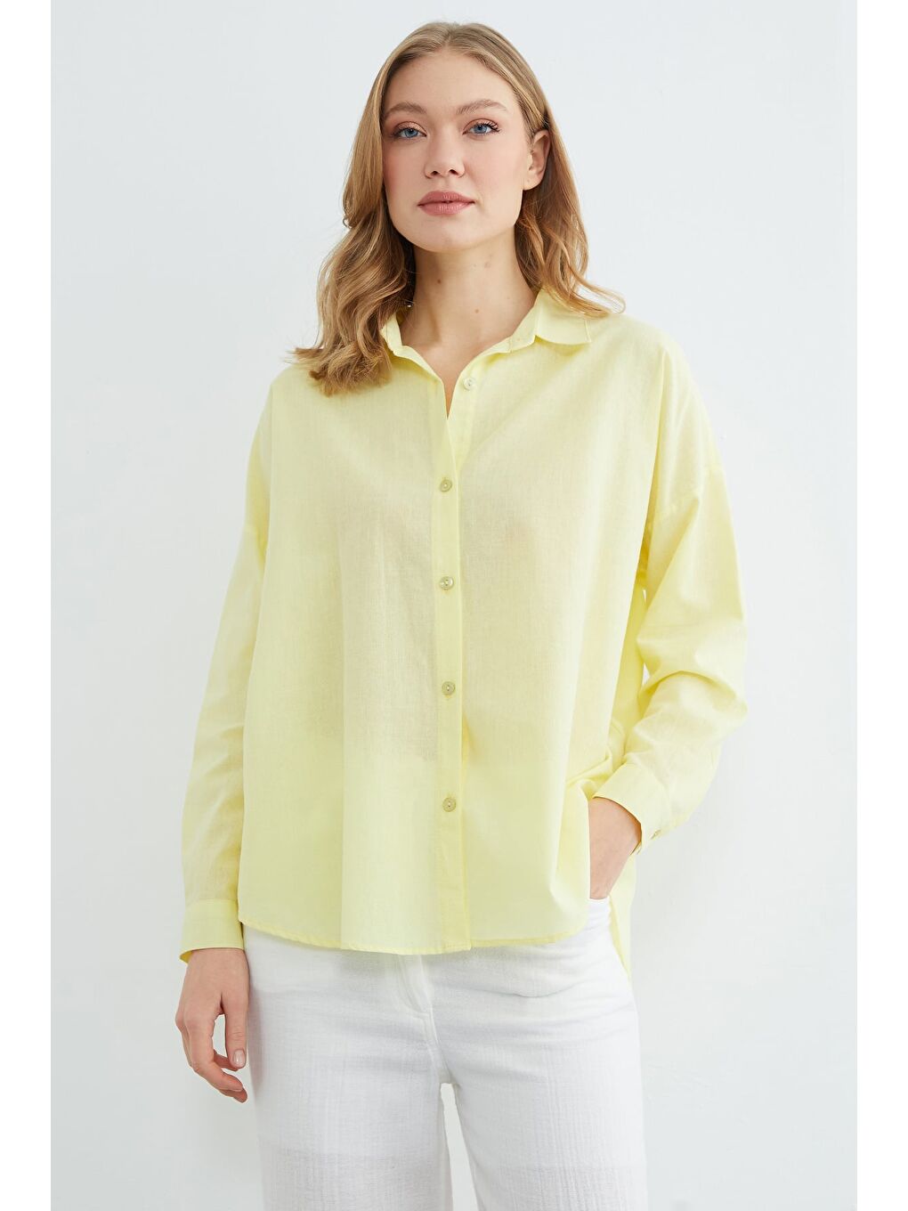Sarı Basic Keten Görünümlü Oversize Gömlek-1