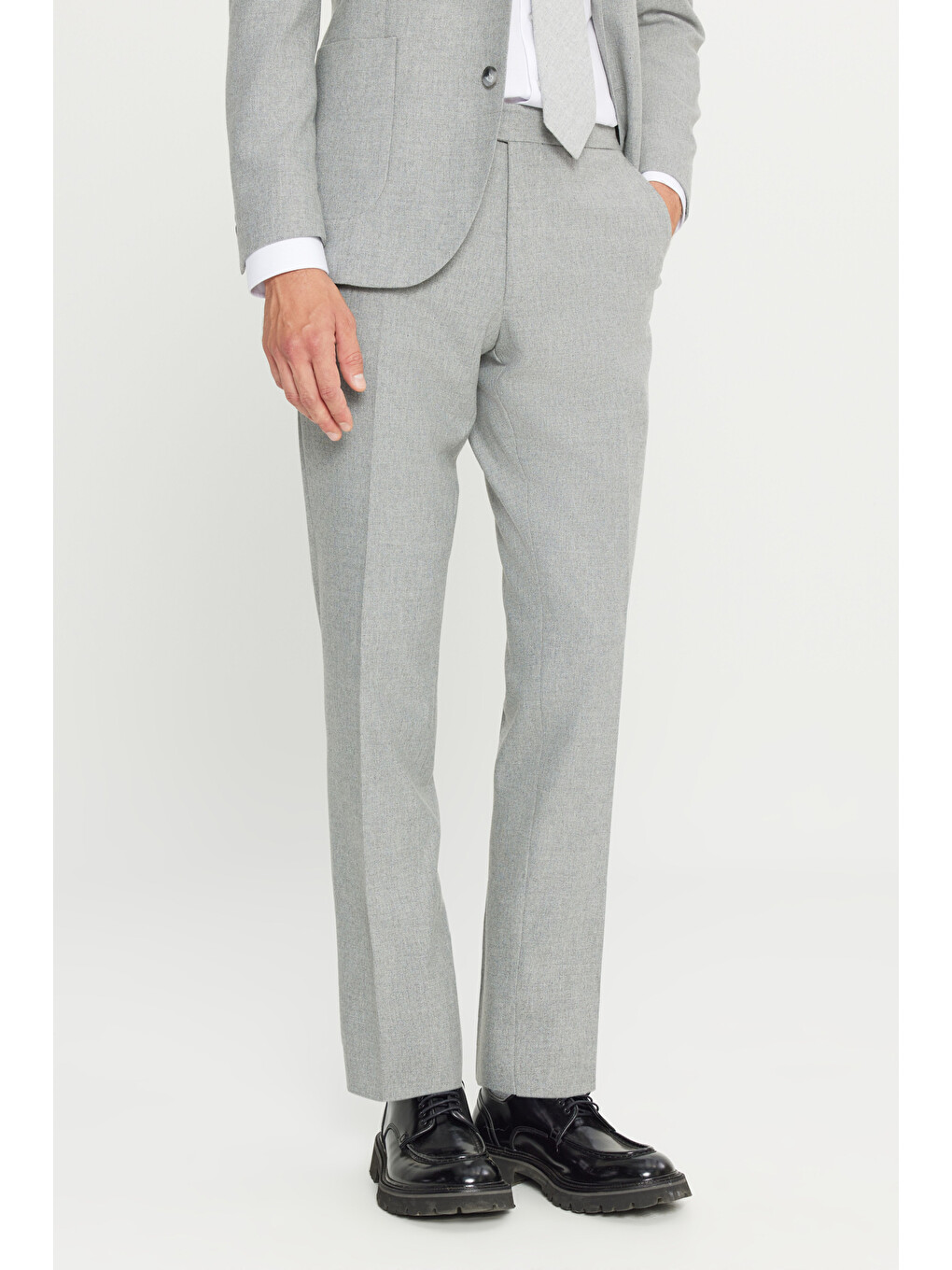 Erkek Gri Yünlü Slim Fit Dar Kesim Kırlangıç Yaka Esnek Bel Takım Elbise-7