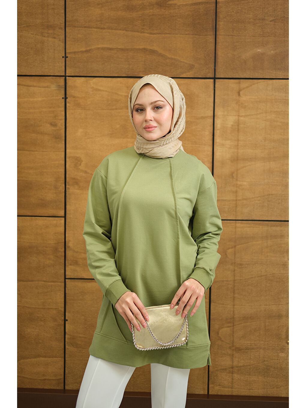 Kadın Önü Dikiş Detay Tunik Yeşil-3
