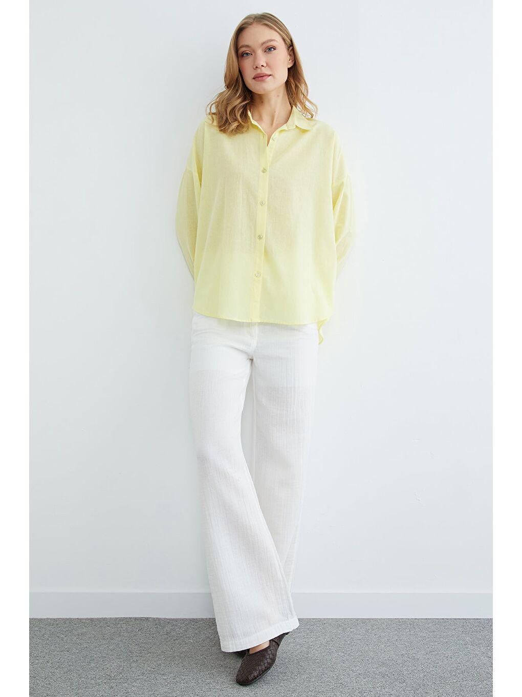 Sarı Basic Keten Görünümlü Oversize Gömlek-2