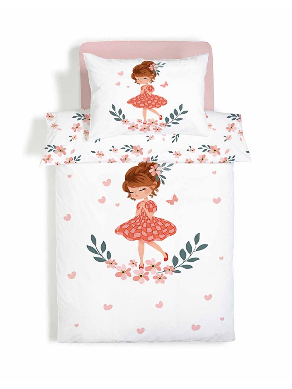 Karışık Çiçekli Kız Desenli Nevresim Takımı ÇARŞAFSIZ - 160x220 cm-1