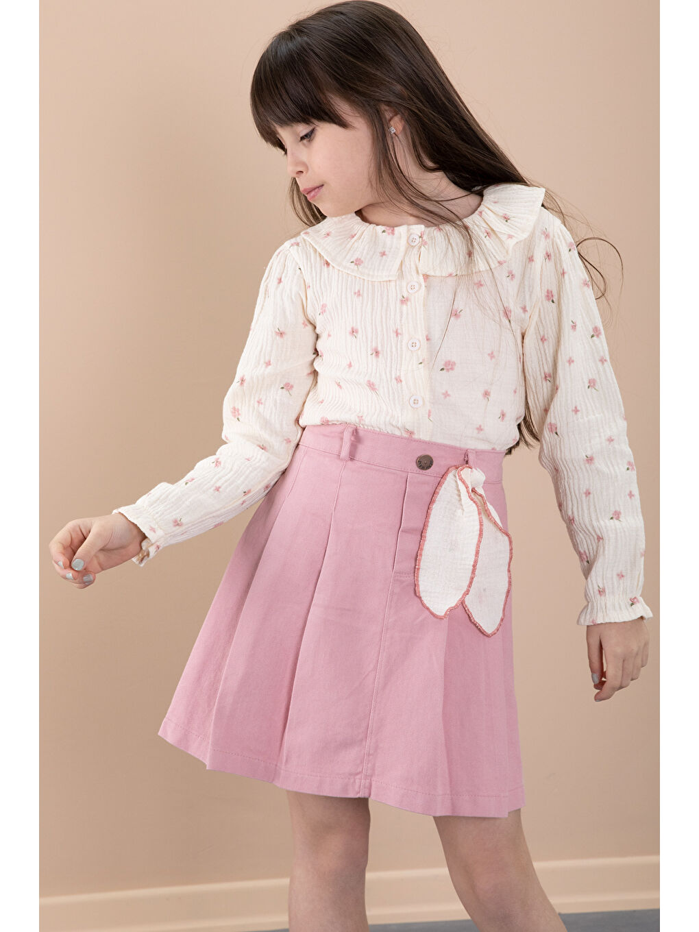 Pembe Çiçek Desenli Müslin Badili Jean Etekli Kız Çocuk Takım 20426