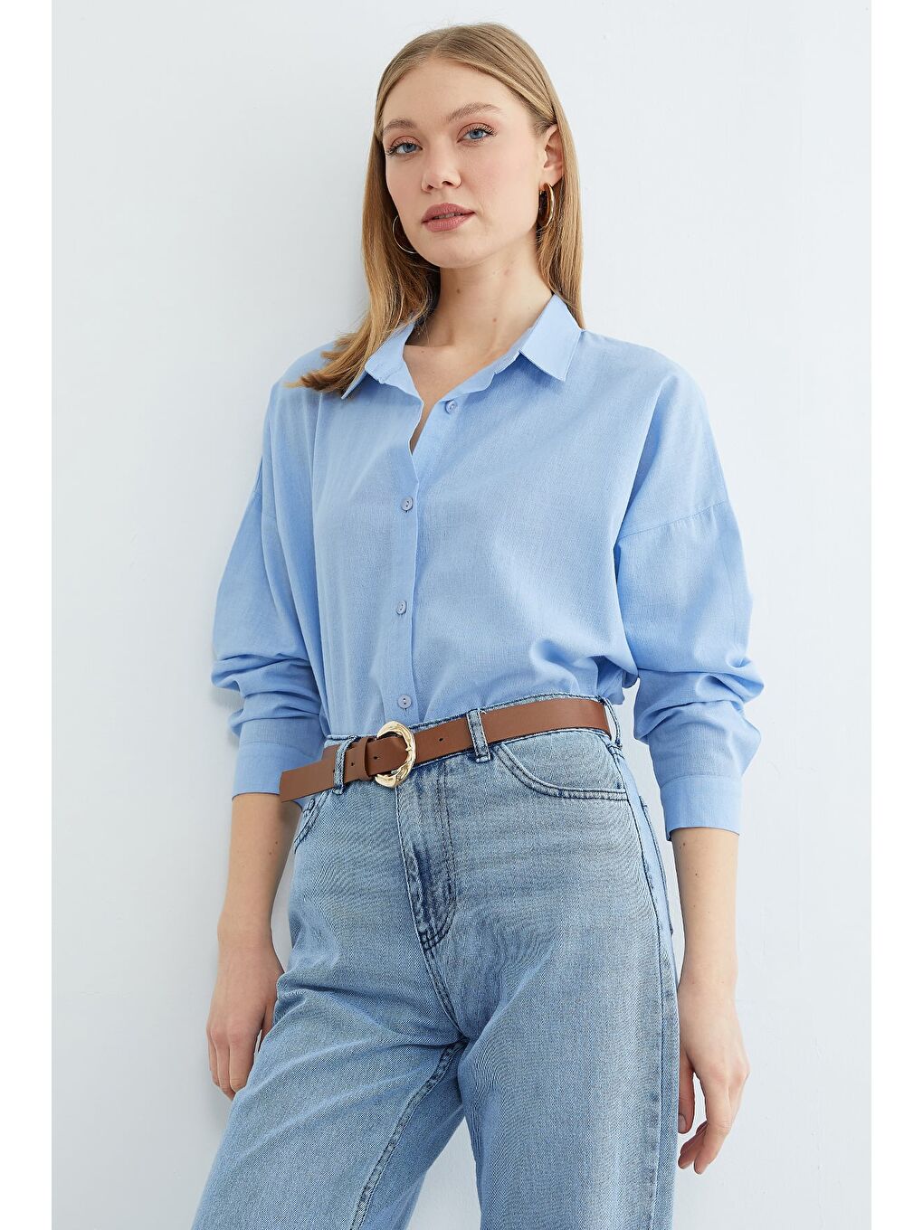 Mavi Basic Keten Görünümlü Oversize Gömlek-1