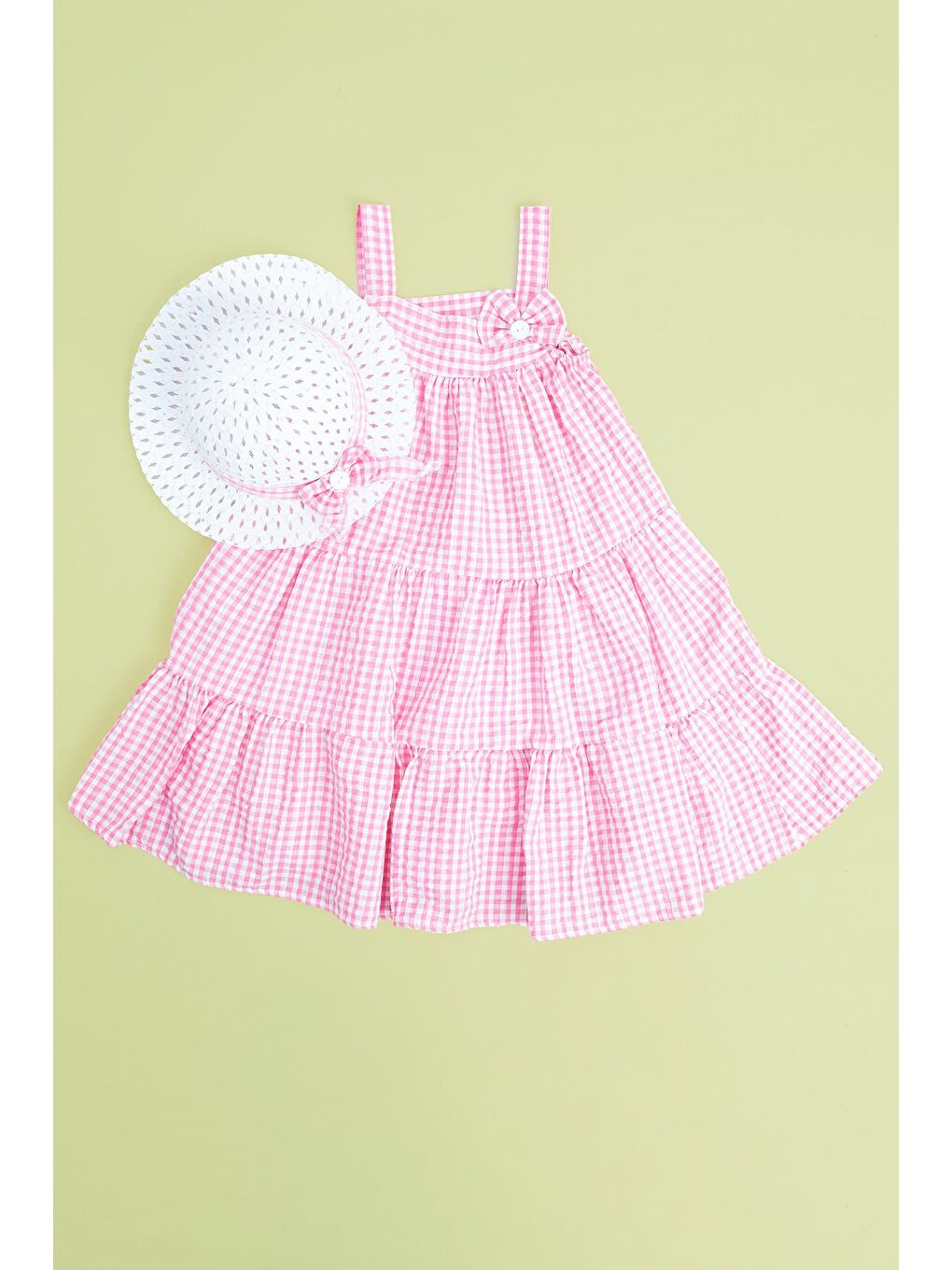 Pembe Pötikare Desenli Şapkalı Askılı  Kız Çocuk Elbise