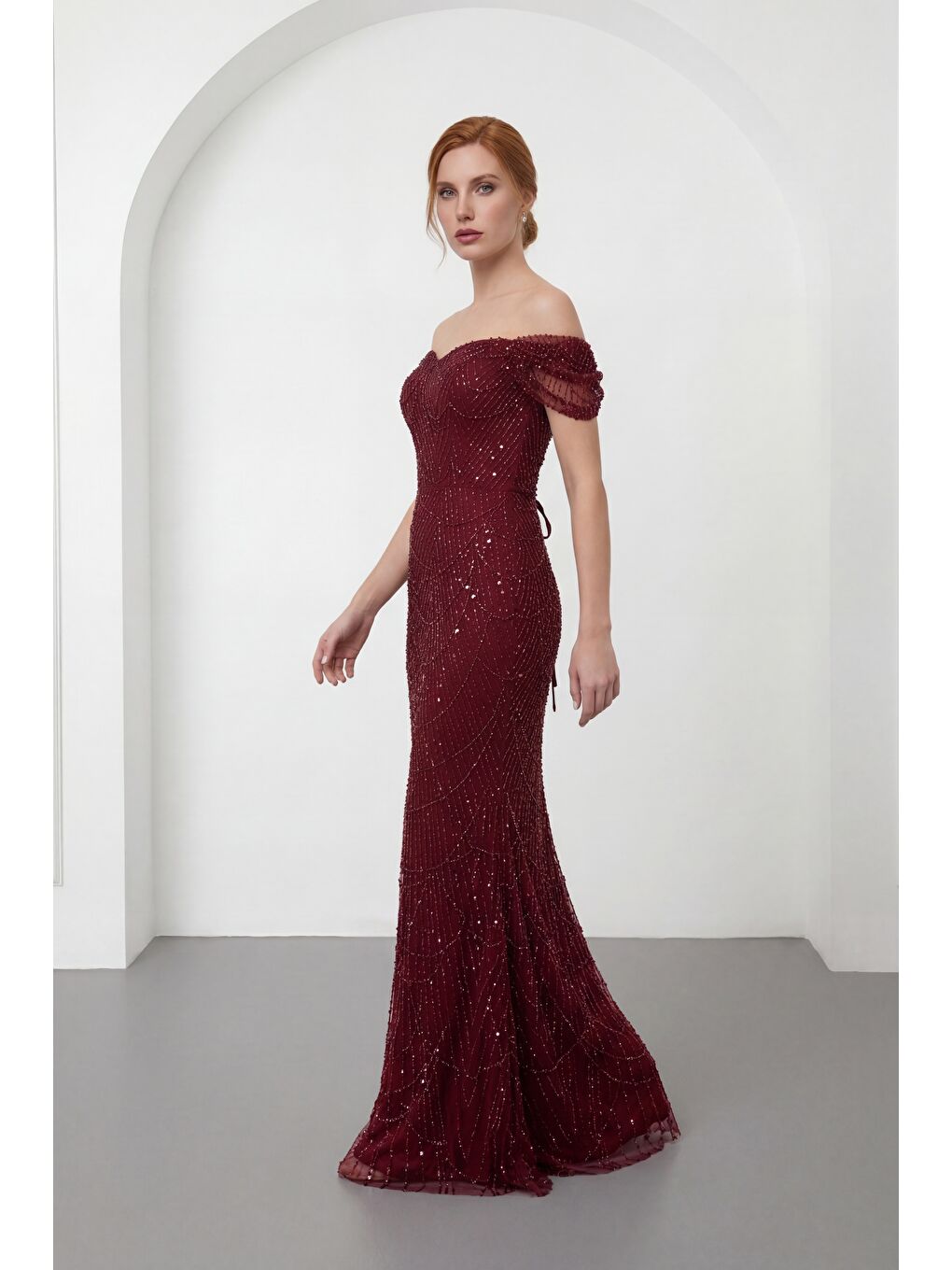 Kadın Bordo Kayık Yaka Boncuklu Uzun Abiye Elbise-1