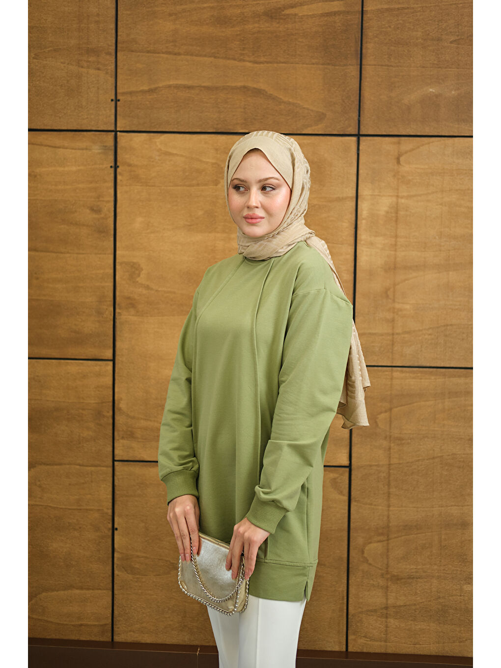 Kadın Önü Dikiş Detay Tunik Yeşil-4