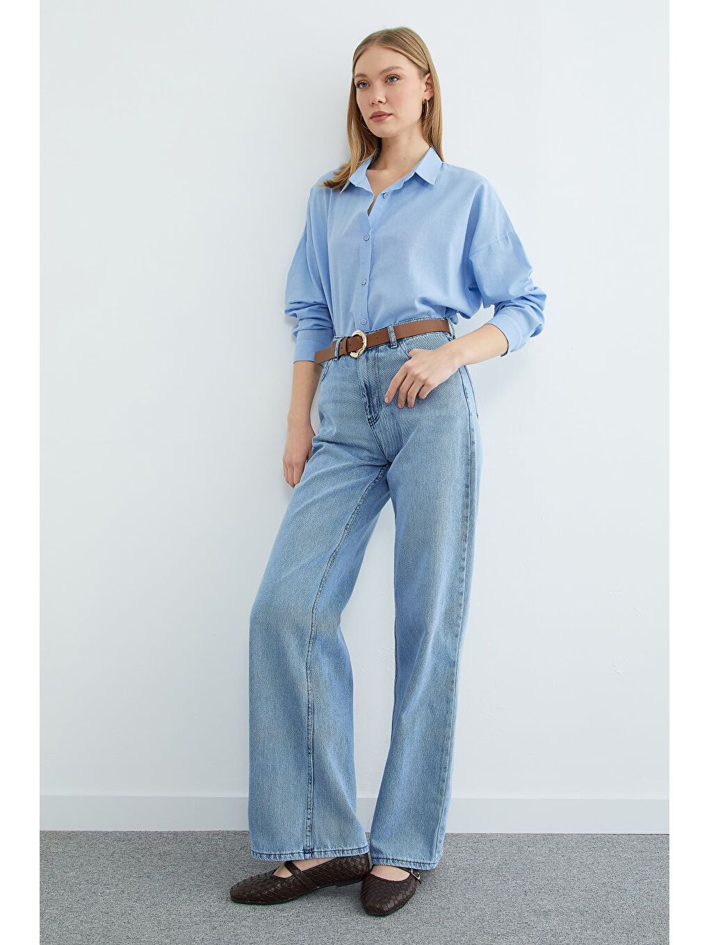 Mavi Basic Keten Görünümlü Oversize Gömlek-2