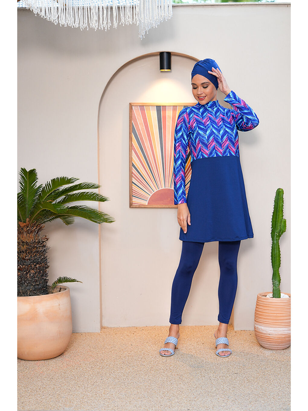 Lacivert Dijital Baskılı Taytlı Kapalı Tesettür Mayo 3752-1