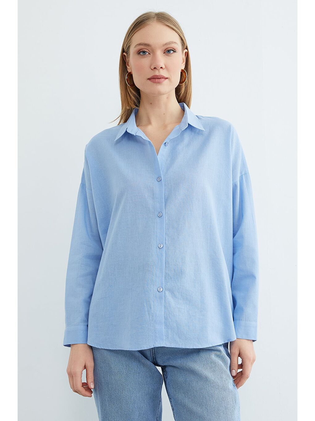 Mavi Basic Keten Görünümlü Oversize Gömlek-3
