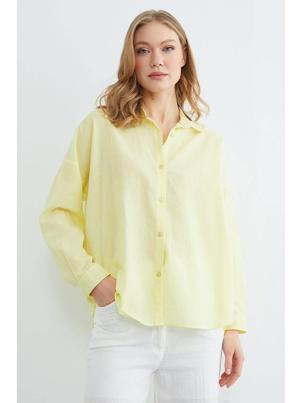 Sarı Basic Keten Görünümlü Oversize Gömlek-4