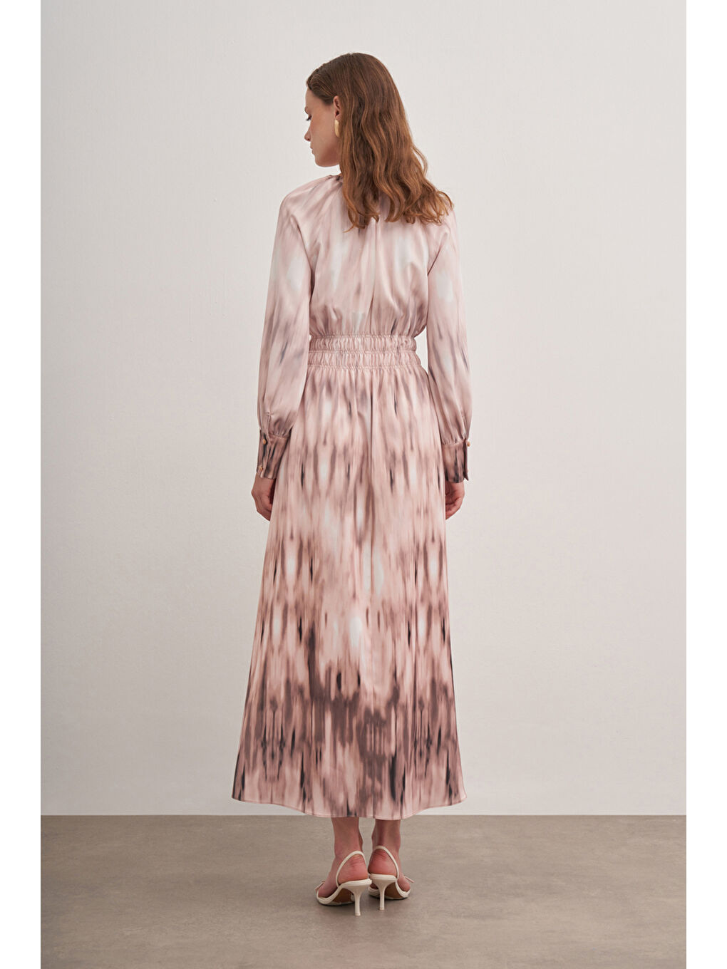 Pembe Pudra 4236111 Desenli Şifon Saten Elbise-5