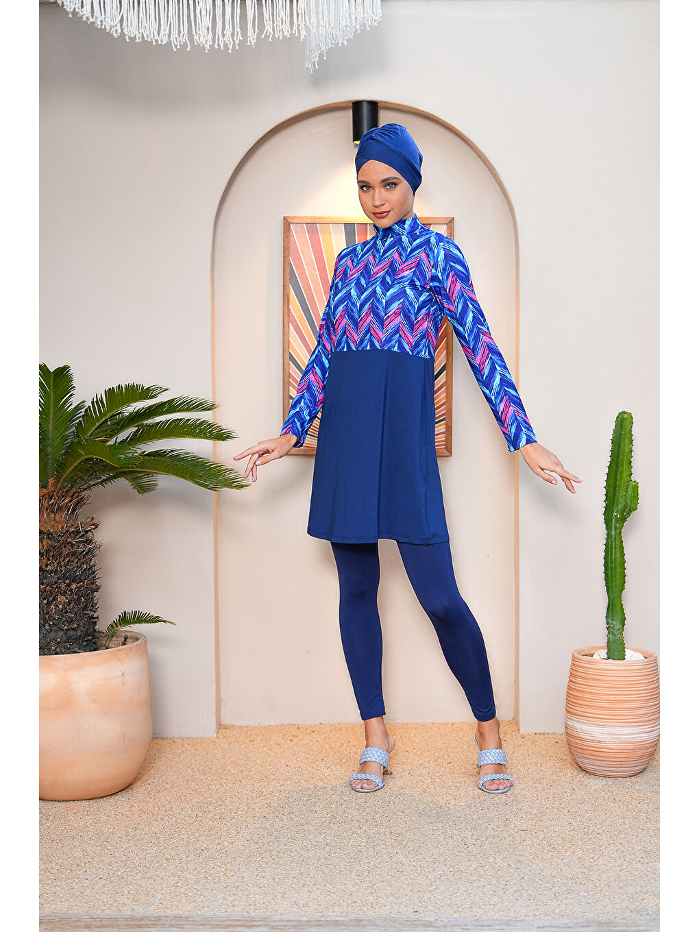 Lacivert Dijital Baskılı Taytlı Kapalı Tesettür Mayo 3752-2