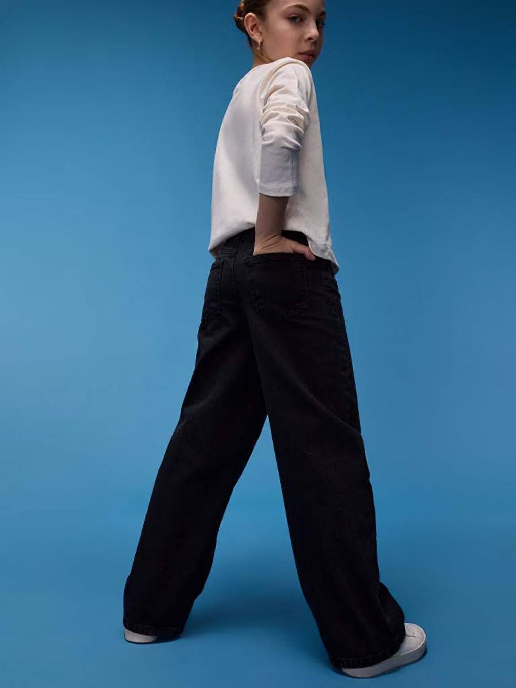 Siyah Kız Çocuk Straight Wide Jean Pantolon-1