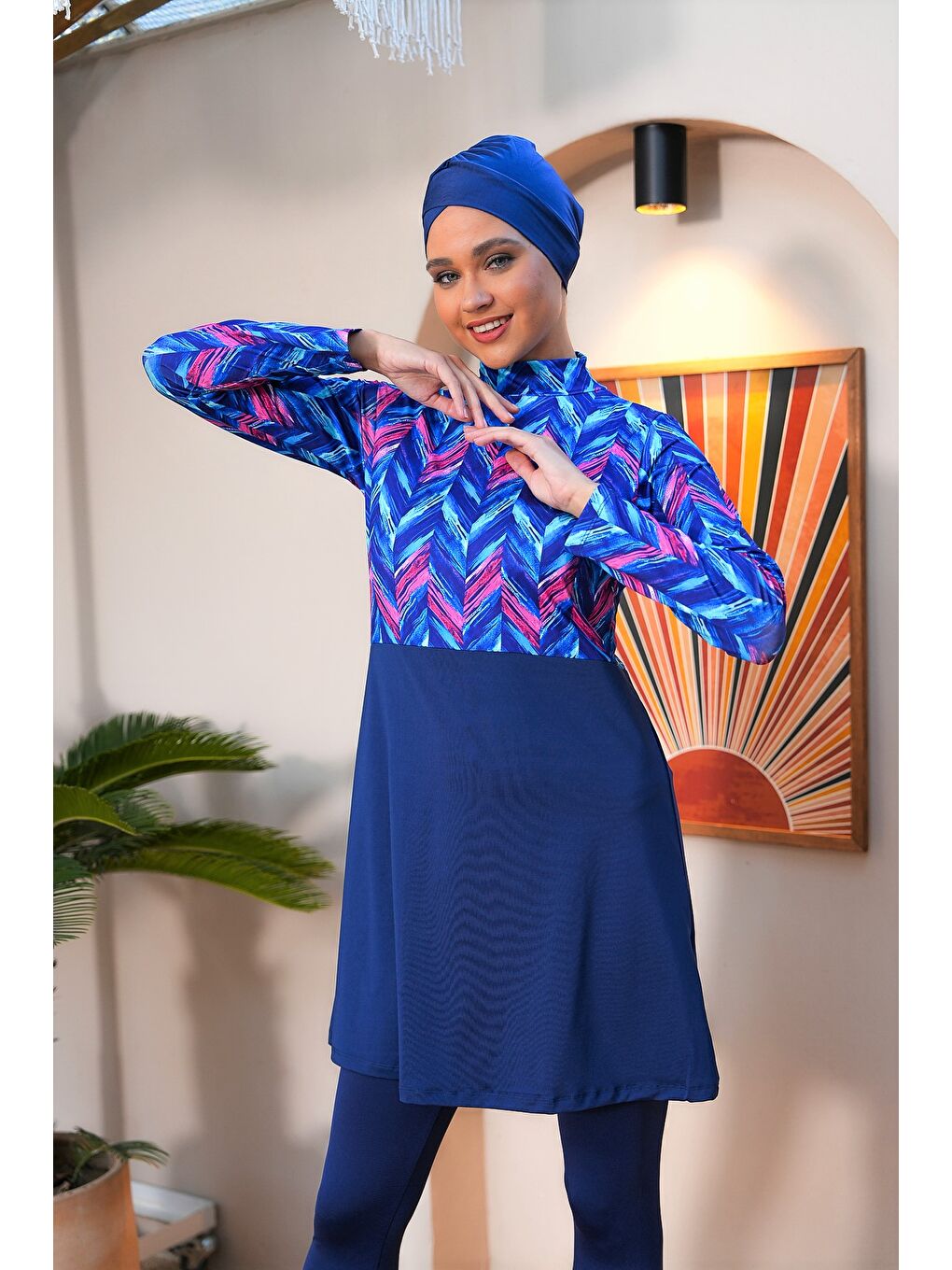 Lacivert Dijital Baskılı Taytlı Kapalı Tesettür Mayo 3752-3