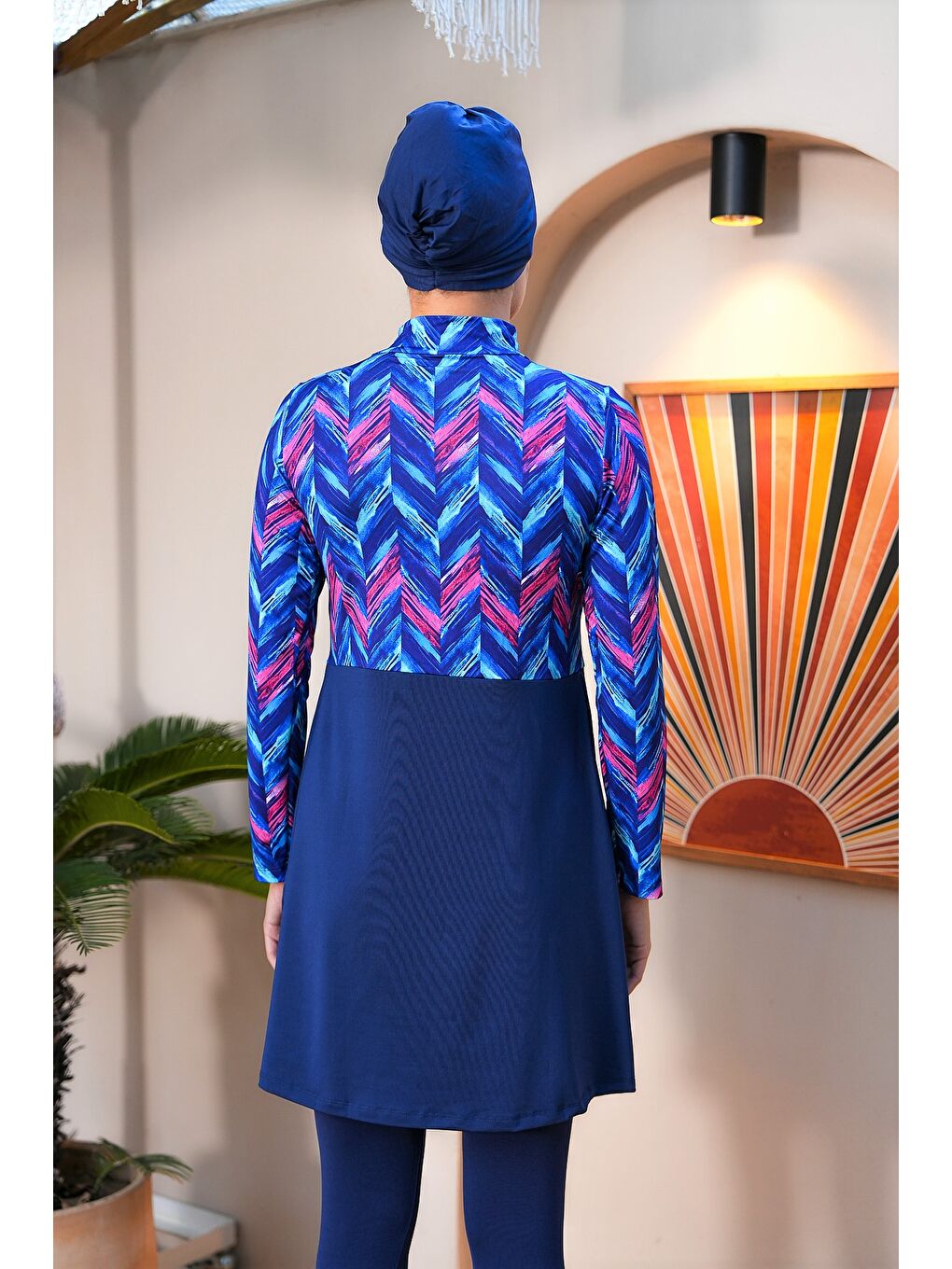 Lacivert Dijital Baskılı Taytlı Kapalı Tesettür Mayo 3752-4