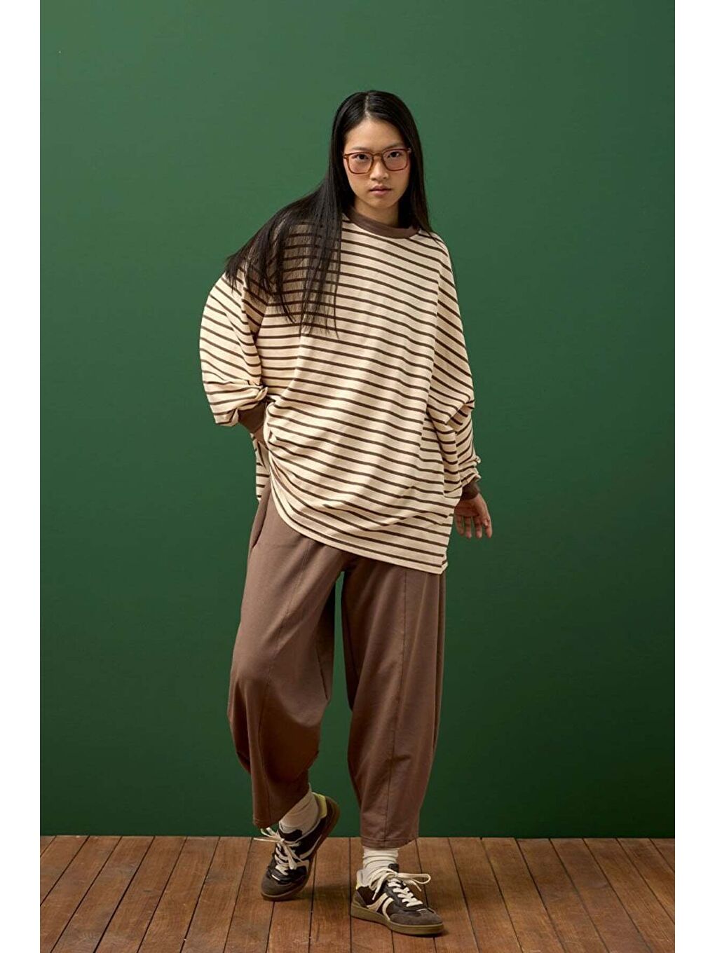 Bej Vizon Çizgili Sweat & Şalvar Pantolon Takım-1