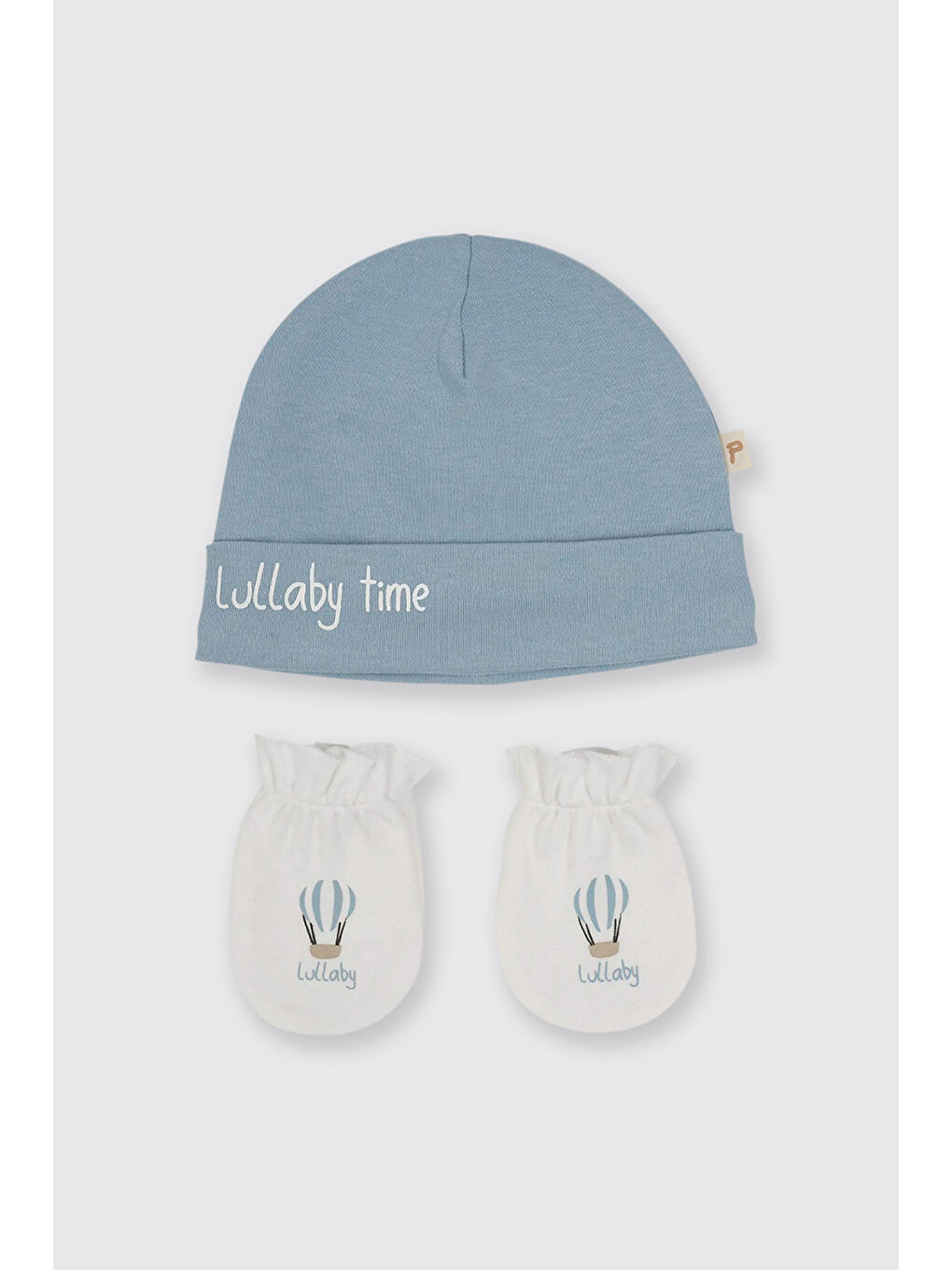 Yenidoğan Baskı Detaylı Mavi Şapka Eldiven Seti