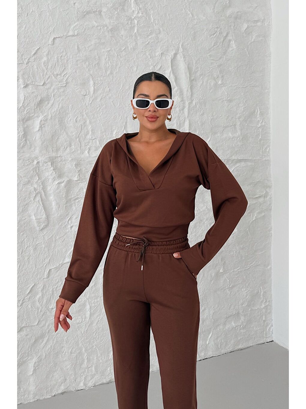 Kadın Kahverengi V Yaka Kapüşonlu Crop Eşofman Modal Kumaş Alt-Üst Takım-5
