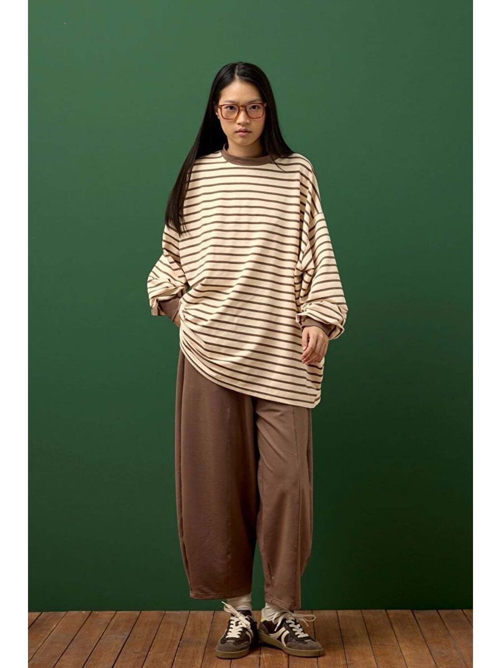 Bej Vizon Çizgili Sweat & Şalvar Pantolon Takım-2