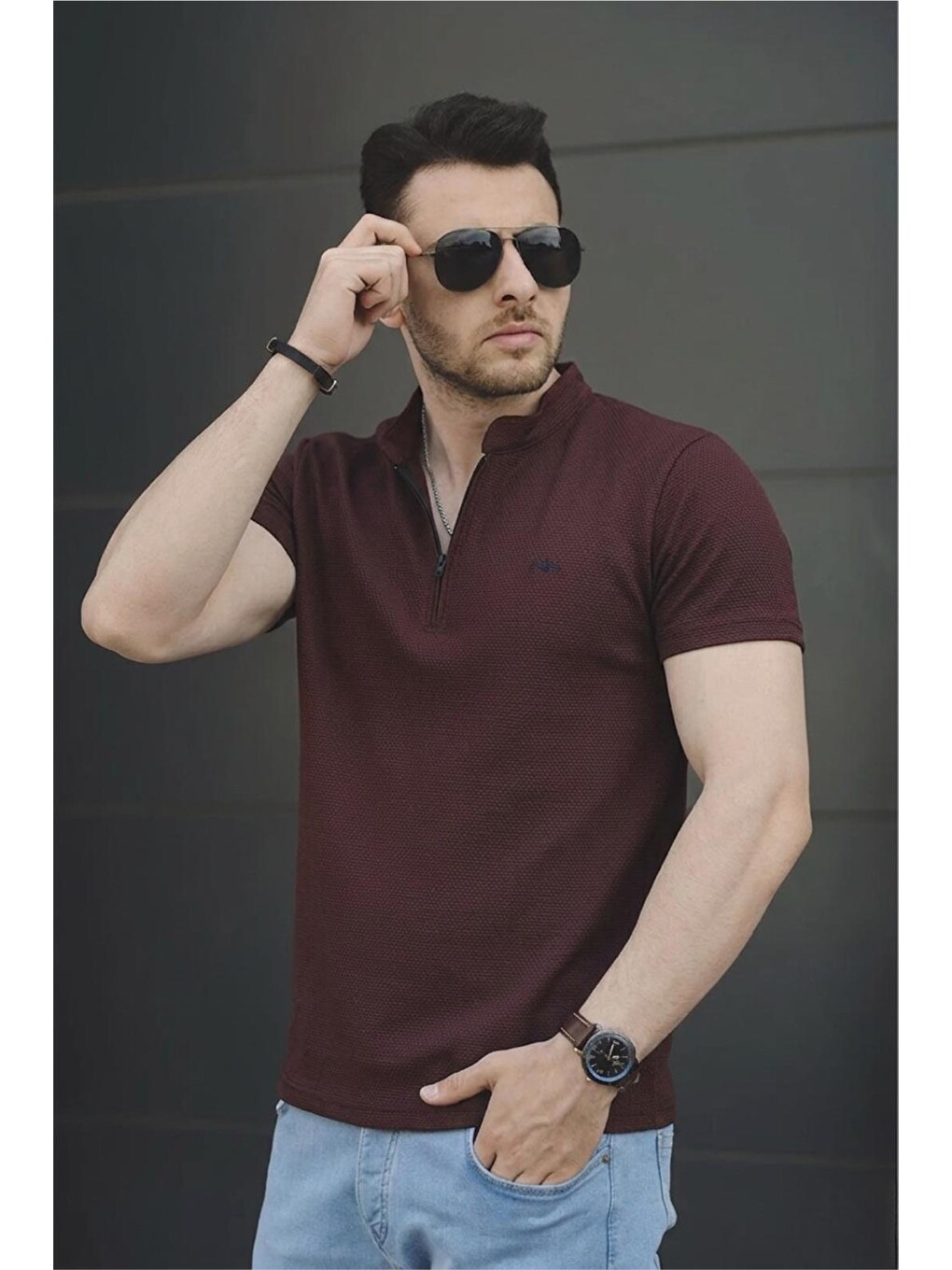 Kahverengi Roderick Hakim Yaka Petek Kumaş Yarım Fermuarlı Erkek Tshirt