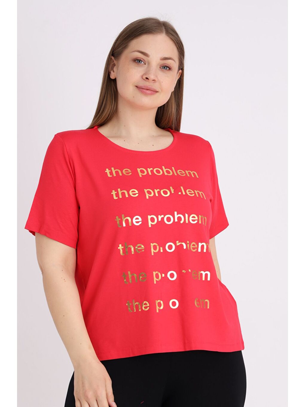 Kırmızı Kadın Büyük Beden Kısa Kollu Baskılı T-shirt