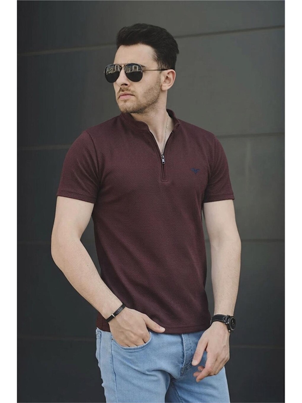 Kahverengi Roderick Hakim Yaka Petek Kumaş Yarım Fermuarlı Erkek Tshirt-1