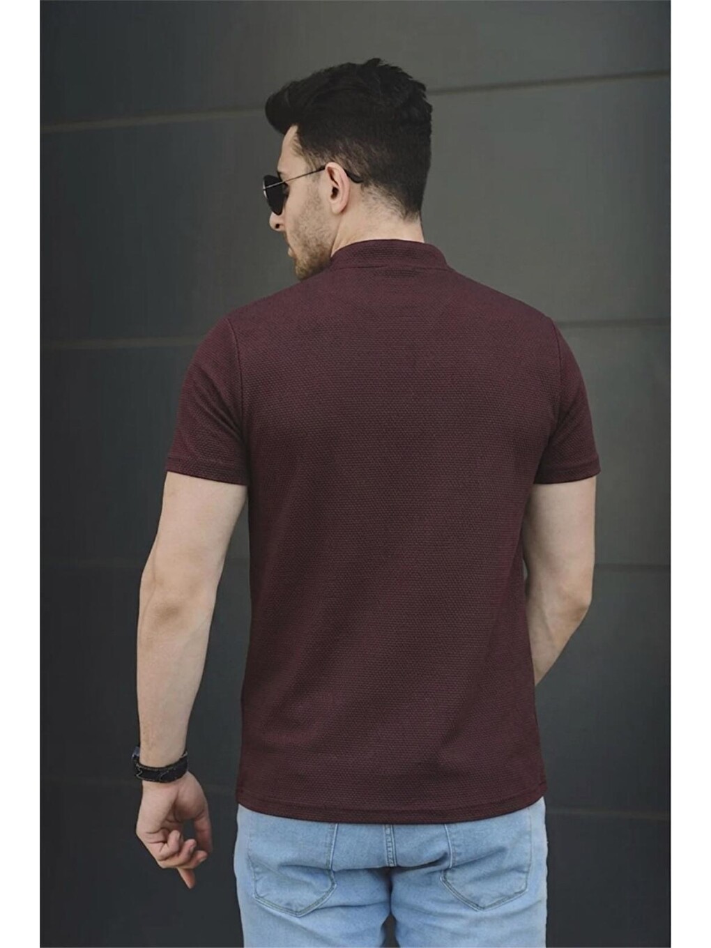 Kahverengi Roderick Hakim Yaka Petek Kumaş Yarım Fermuarlı Erkek Tshirt-2