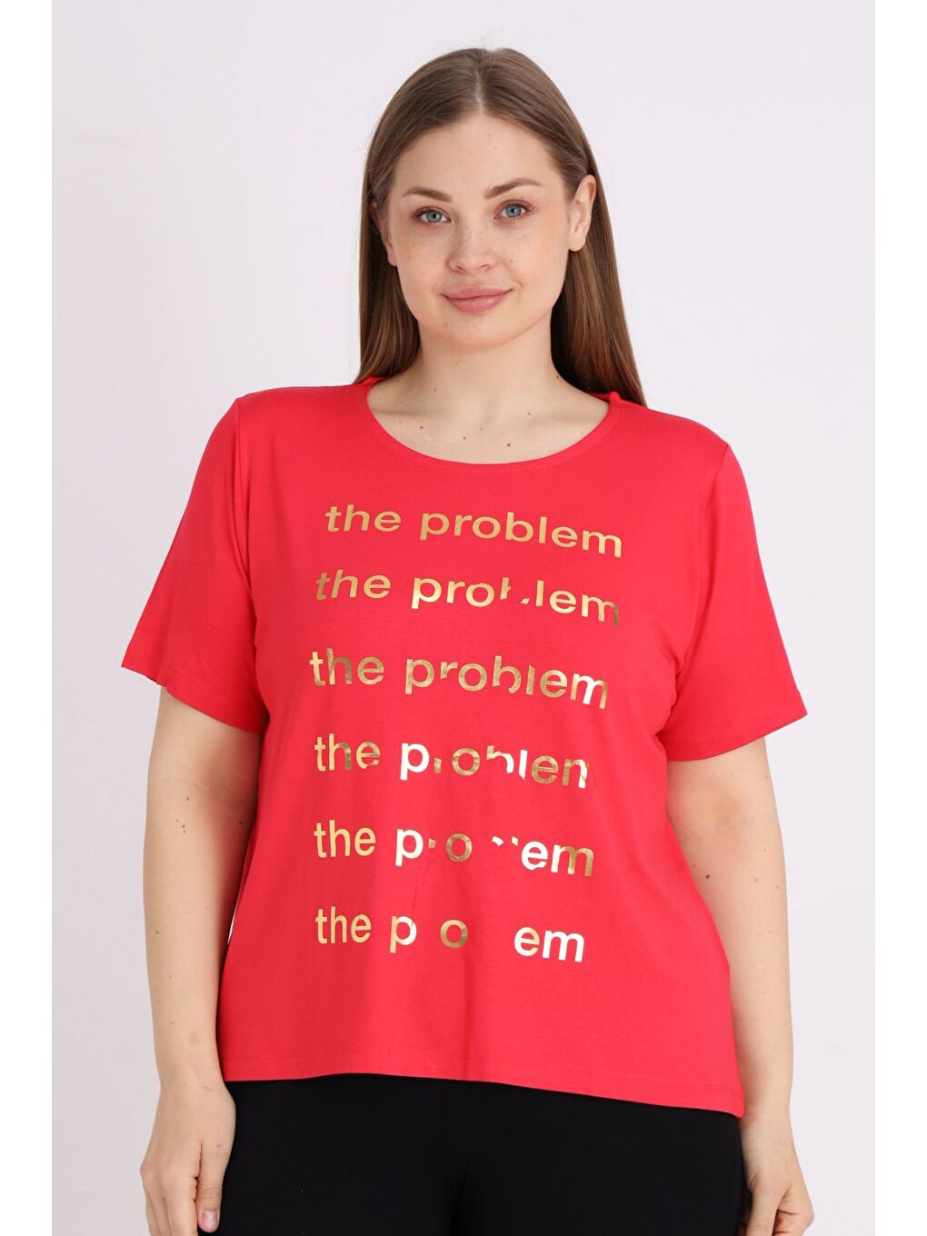 Kırmızı Kadın Büyük Beden Kısa Kollu Baskılı T-shirt-1