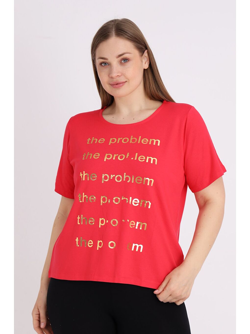 Kırmızı Kadın Büyük Beden Kısa Kollu Baskılı T-shirt-2