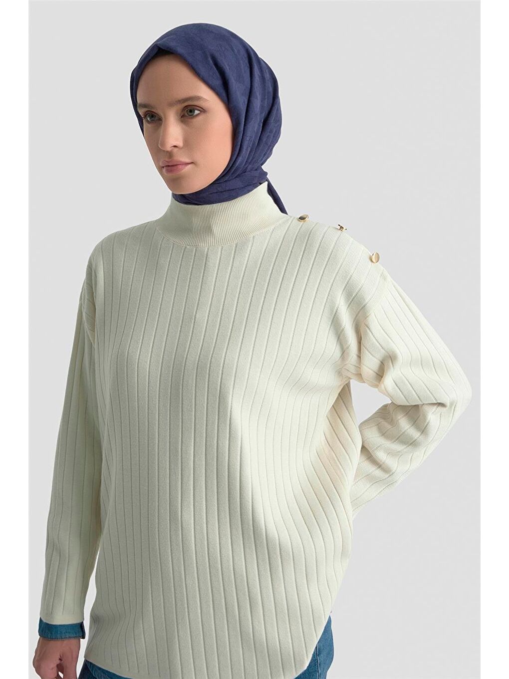 Yüksek Yaka Triko Kazak 25Kd6019 Ekru-3