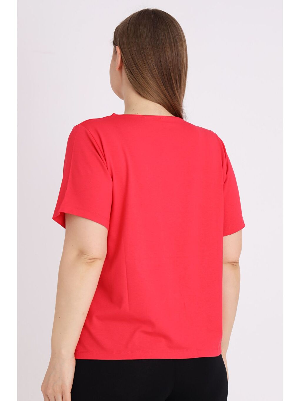 Kırmızı Kadın Büyük Beden Kısa Kollu Baskılı T-shirt-3