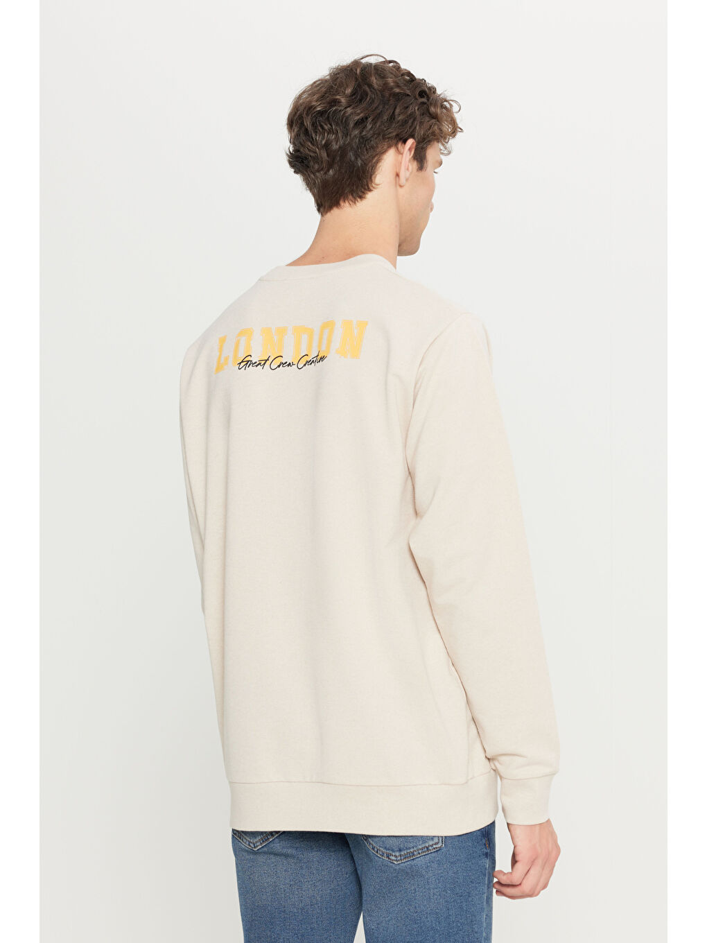 Erkek Bej 2 İplik Pamuklu Standart Fit Normal Kesim Rahat Bisiklet Yaka Sweatshirt-1