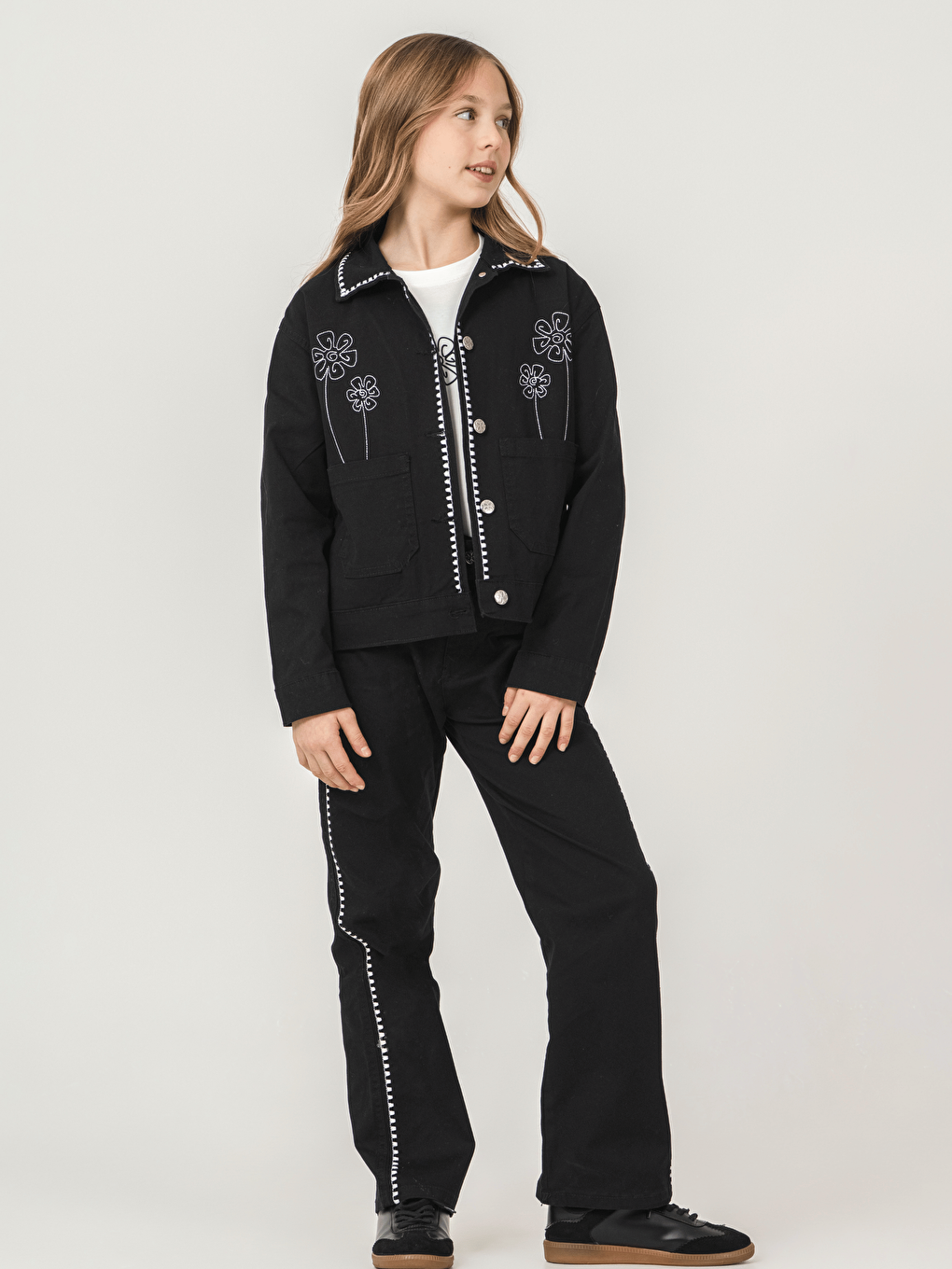 Siyah Pamuklu Ceket Pantolon Tişörtlü Kız Çocuk 3lü Jean Takım-5