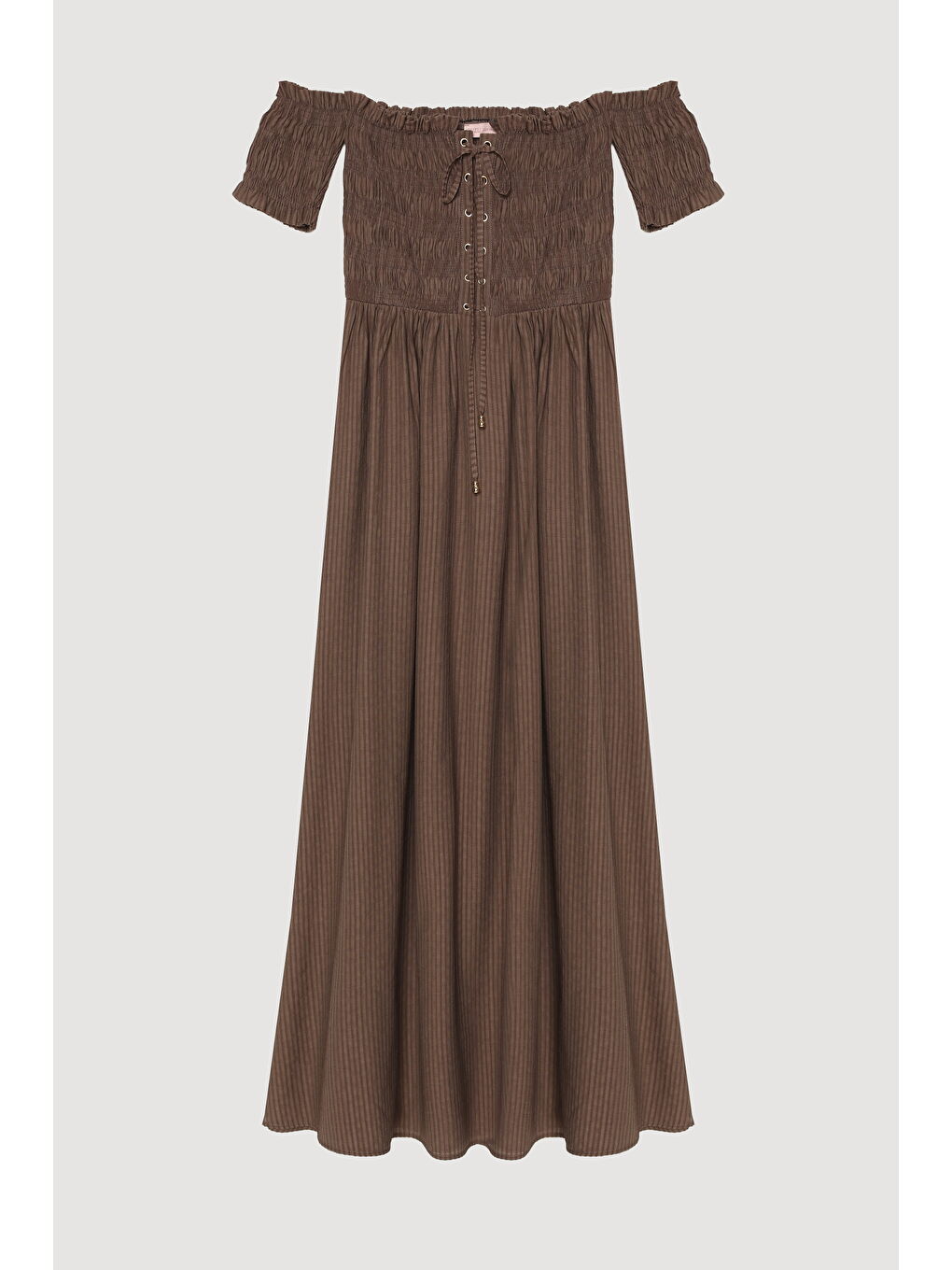 Kuş Gözü Bağlamalı Düşük Omuz Elbise Kahverengi