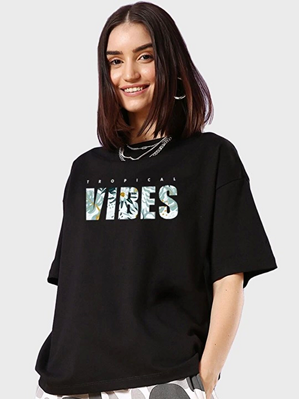Baskılı Oversize T-shirt - Siyah-1
