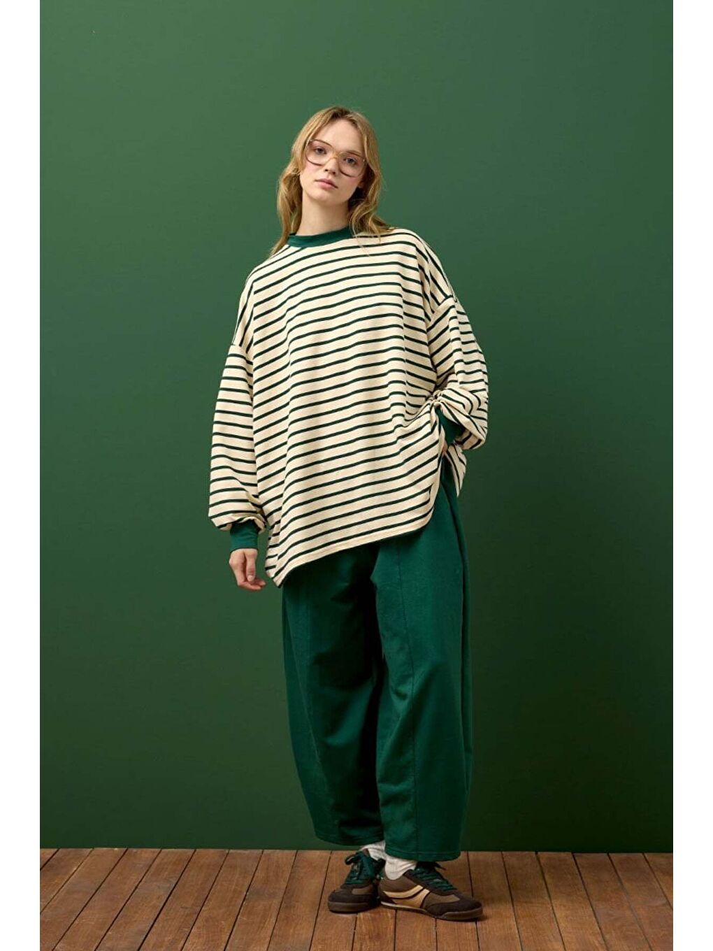 Zümrüt Yeşili Çizgili Sweat & Şalvar Pantolon Takım-1