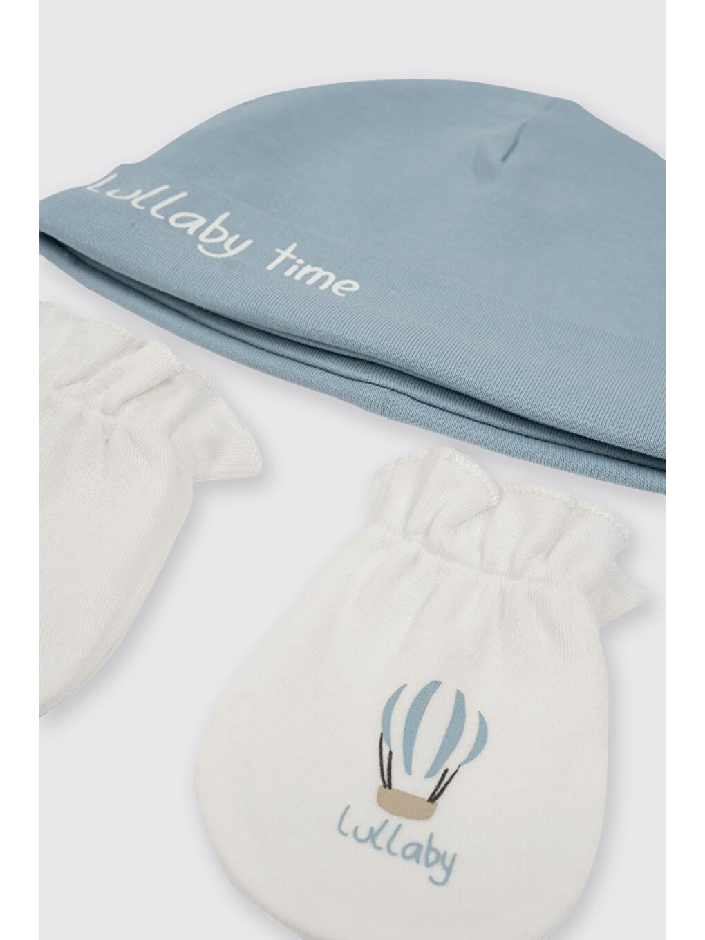 Yenidoğan Baskı Detaylı Mavi Şapka Eldiven Seti-1