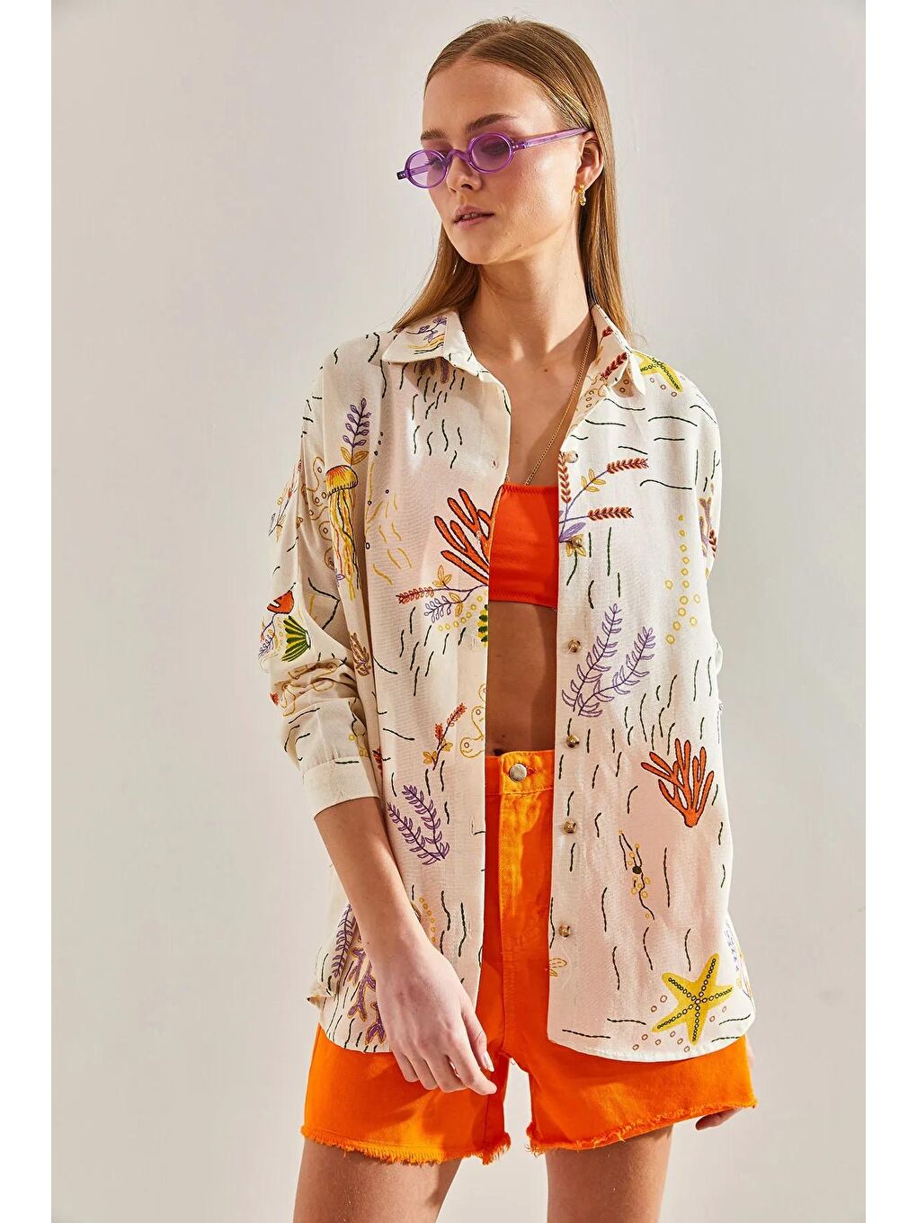 Bej Kadın Multi Desenli Salaş Keten Gömlek 60101023