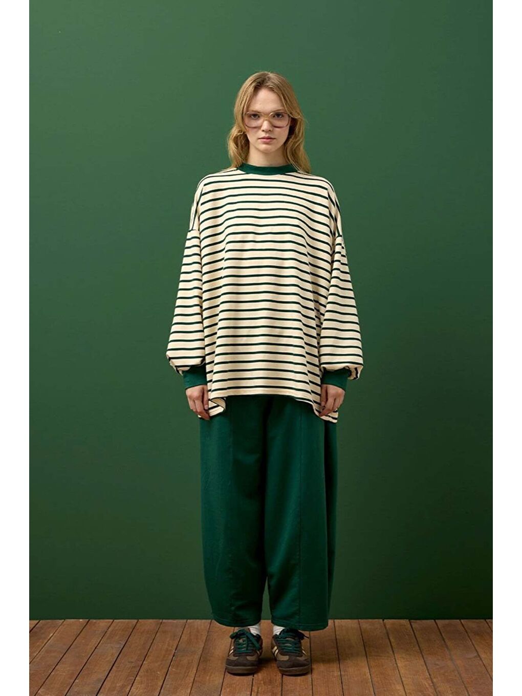 Zümrüt Yeşili Çizgili Sweat & Şalvar Pantolon Takım-2